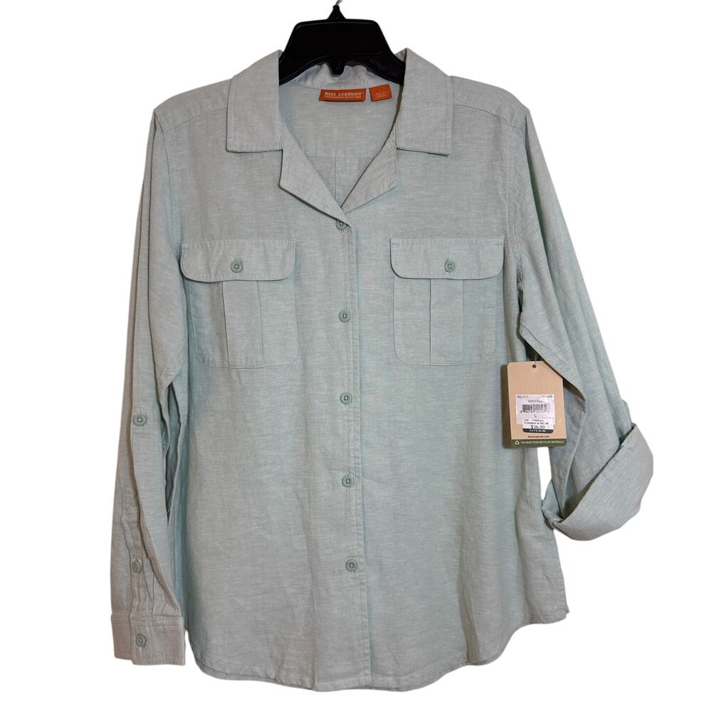 NWT Reel Legends Large Linen Cotton Bird's Egg Green Long Sleeve Button Up Shirt